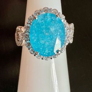925 Sterling Silver Infinity Oval Cut Aqua Blue Ice CZ Ring Size 8